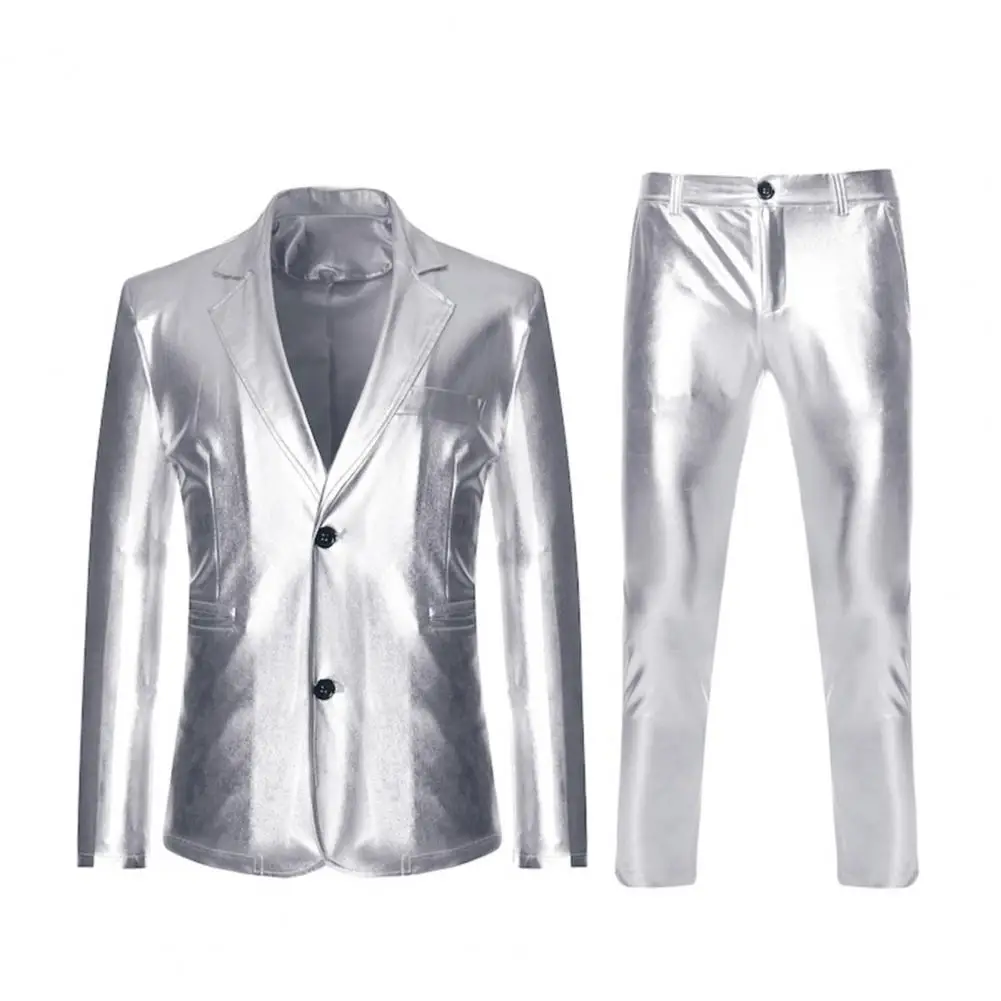 

Мужской костюм Slim Fit, комплект из 2 предметов, однотонные блестящие вечерние костюмы золотого, серебряного цвета для мужчин, свадебный костюм с курткой и брюками, сценический костюм