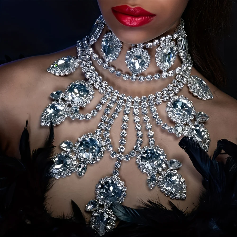 Exaggerated Super Sparkling Large Rhinestone Necklace Jewelry Exquisite Luxury Wedding Party Necklace Crystal Jewelry Body