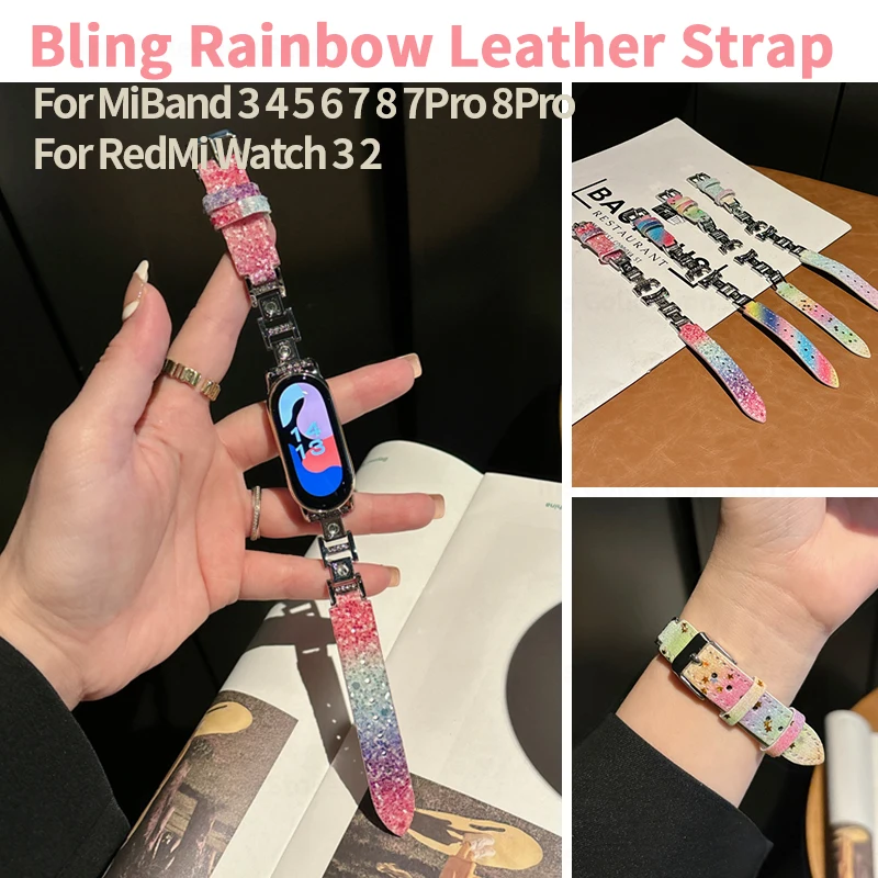 

Bling Rainbow Diamond Leather Strap for Xiaomi Mi Band 6 5 4 3 7 8 Glitter Star Wristband for Mi Band 7 Pro 8 Pro Women Bracelet