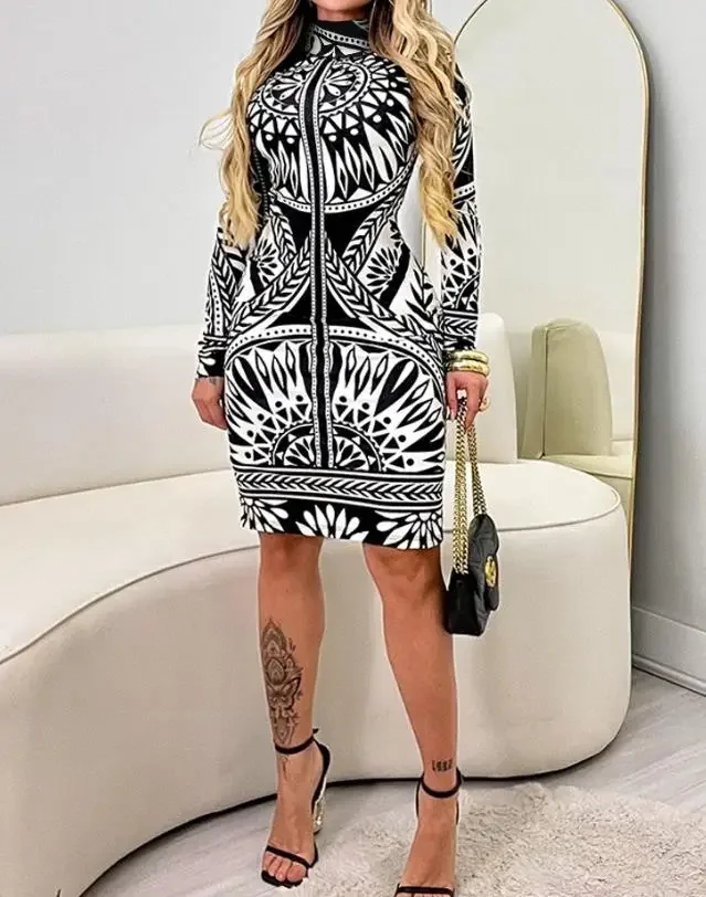 Vintage Dresses Autumn New Women's Colorblock Floral Print High Neck Long Sleeve Knit Bodycon Dress Casual  Mini Dress