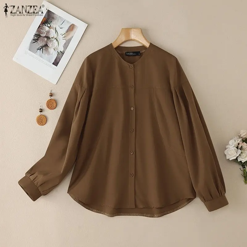 ZANZEA élégant décontracté col rond à manches longues chemises de bureau femmes automne chemise printemps solide bouton hauts femme élégante OL travail Blouse