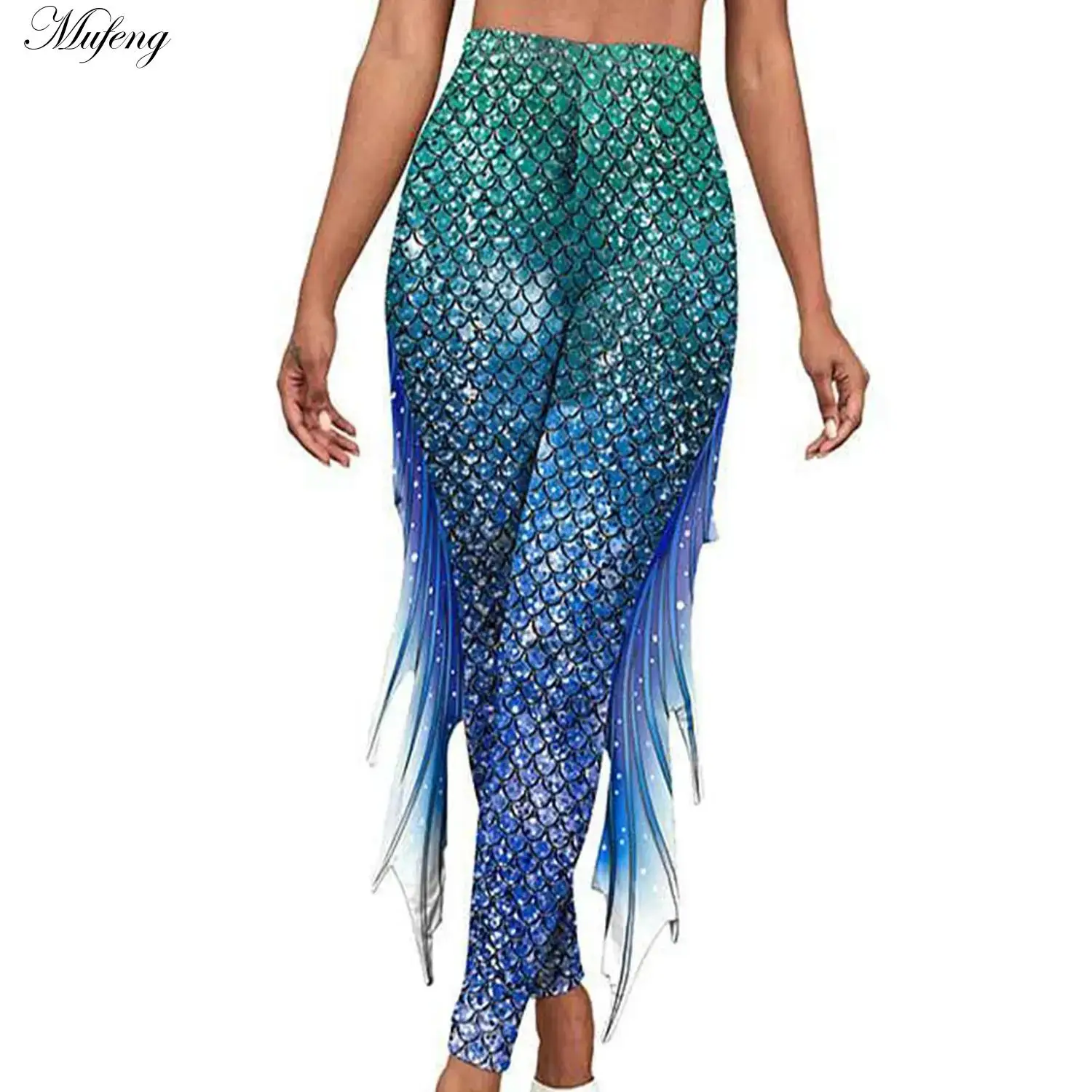 Leggings a sirena da donna pantaloni lucidi pantaloni con pantaloni svasati in Tulle stampa a squame di pesce abito fantasia Costume carnevale Fancy Dress