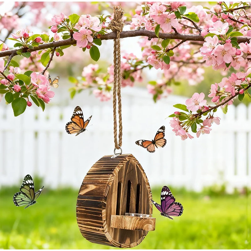 Wooden Butterfly Feeder Suspended Bee Butterfly House With Rope Garden Decor Bee Nest Box Balcony Multifunctional Moth Habitat