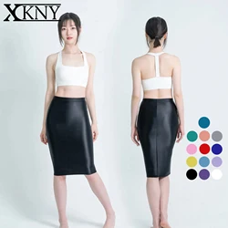 XCKNY Satin Glossy Skirt Elastic Smooth Tight Skirt Oil Shiny Smooth One Step Skirt Elastic Silk Slim Knee Length Mid Skirt