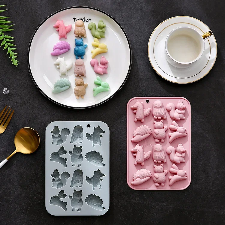 12-hole,squirrel,owl,fox,rabbit,bear,hedgehog,silicone Mold Fondant Cake Chocolate Mold Ice Cube Cake Mould  Baking Accessories