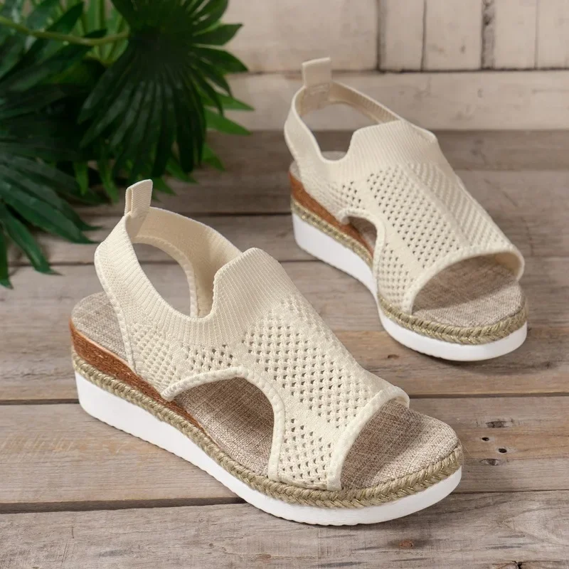 2024 Womens Summer New Fashion Open Toe Mesh Breathable Womens Shoes Outdoor Casual Simple Solid Color Womens Sandals Large Size