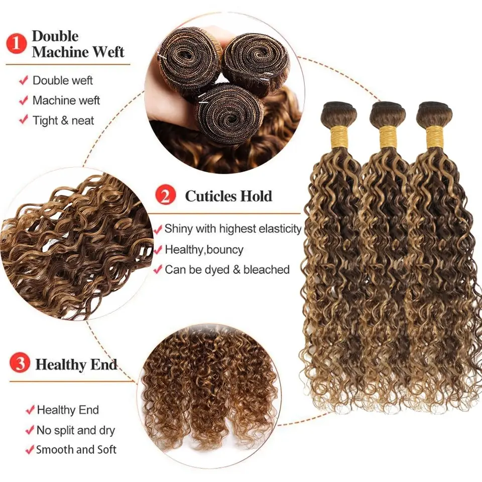 P4/27 rizos ondulados paquetes cabello humano highlights marrón oscuro y rubio miel mezcla piano brasileño extensiones 2