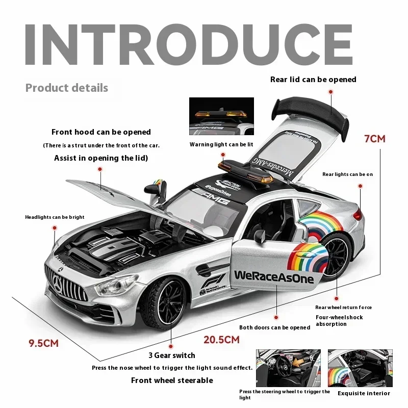 1:24 mercedes-benz GTR AMG mobil keselamatan, mobil Safety Alloy Supercar Diecast Model suara & cahaya mainan anak-anak hadiah ulang tahun C382