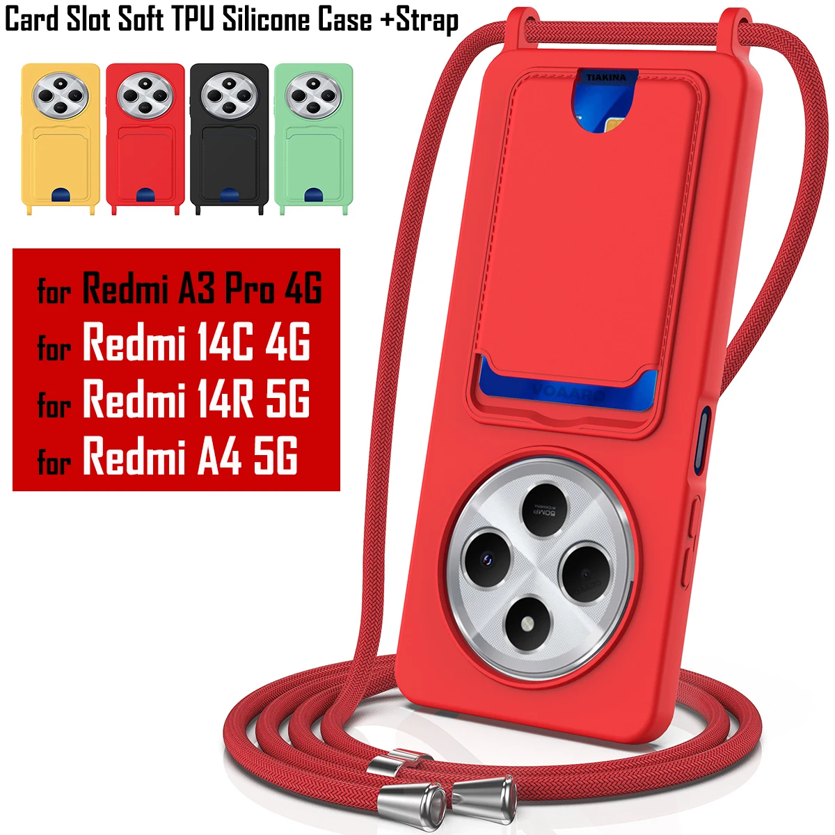 

Soft TPU Silicone Funda for Xiaomi Redmi 14C 4G Case for Redmi A3 Pro 4G 14R A4 5G Portable Card Slot Case with Strap
