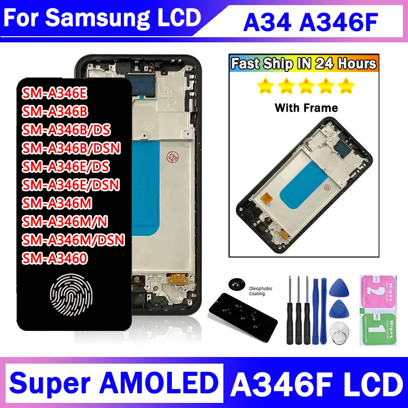 Super AMOLED For Samsung A34 5G SM-A346B A346U LCD A34 Display Touch Screen With Frame Digitizer Assembly Replacement