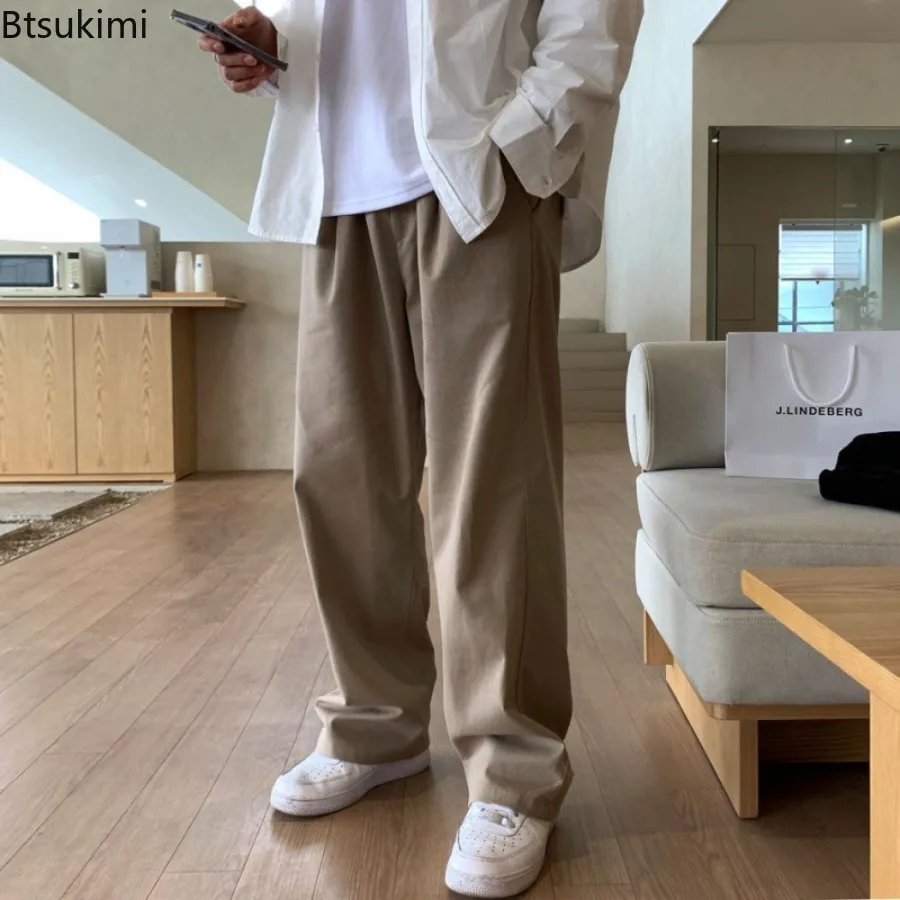 Fashion Simple Cotton Baggy Pants Men's Wide Leg Casual Pants Korean Style Straight Trousers Spring Autumn Solid Retro Men Pants