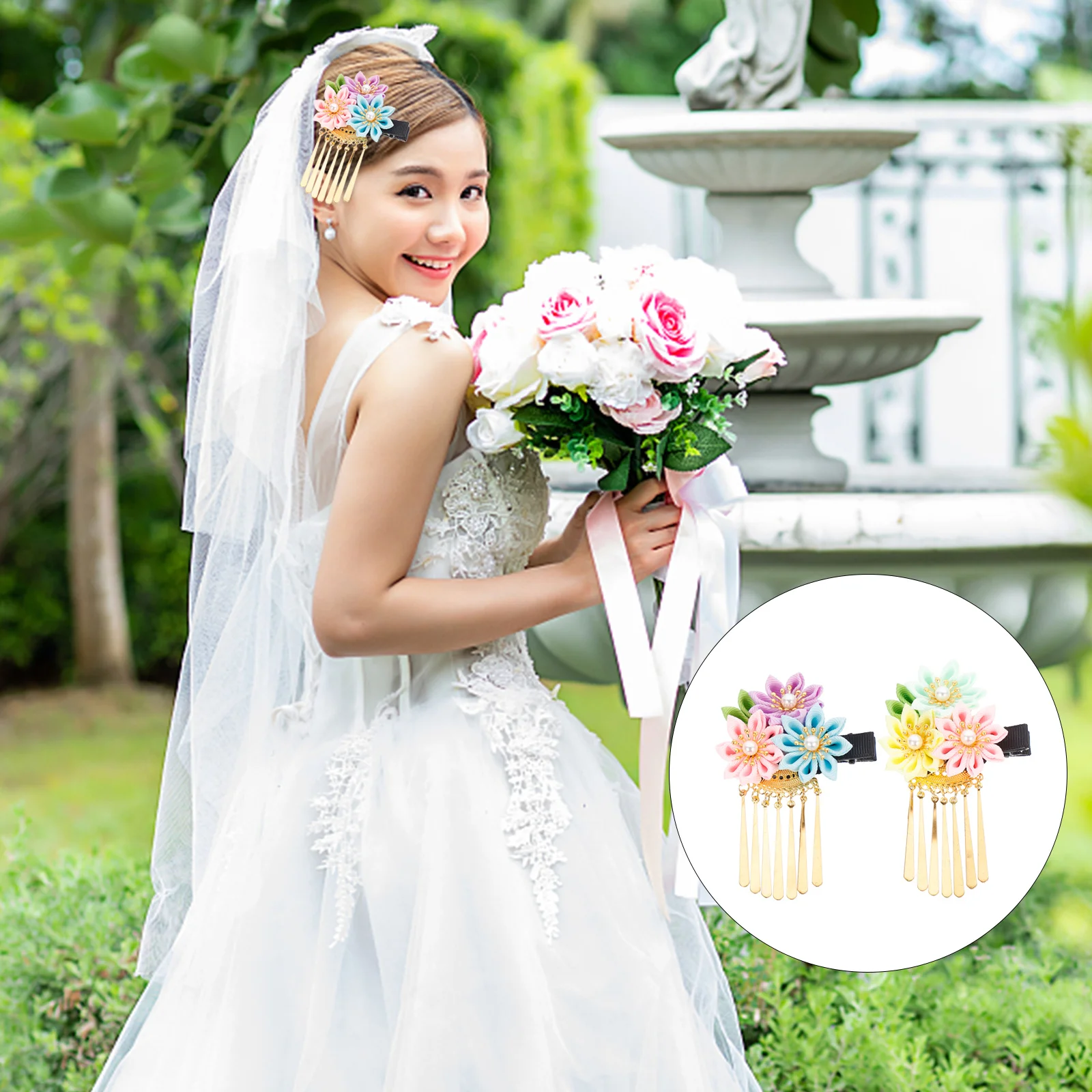

2pcs Tassel Hair Clip Japanese Wedding Barrette Vintage Flower Hairpin Decorative Accessories Bridal Kimono Hairstyle