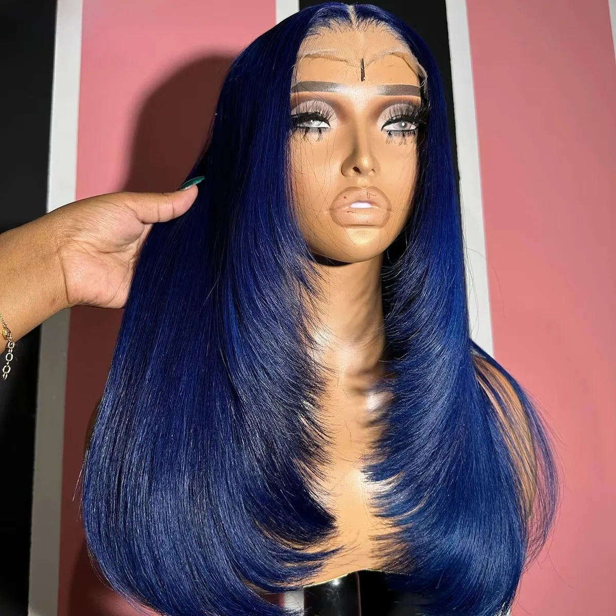 European and American High-Temperature Dark Blue Color Long Straight Hair Wig Headband-Synthetic Fiber Wig Glueless Layered Wig