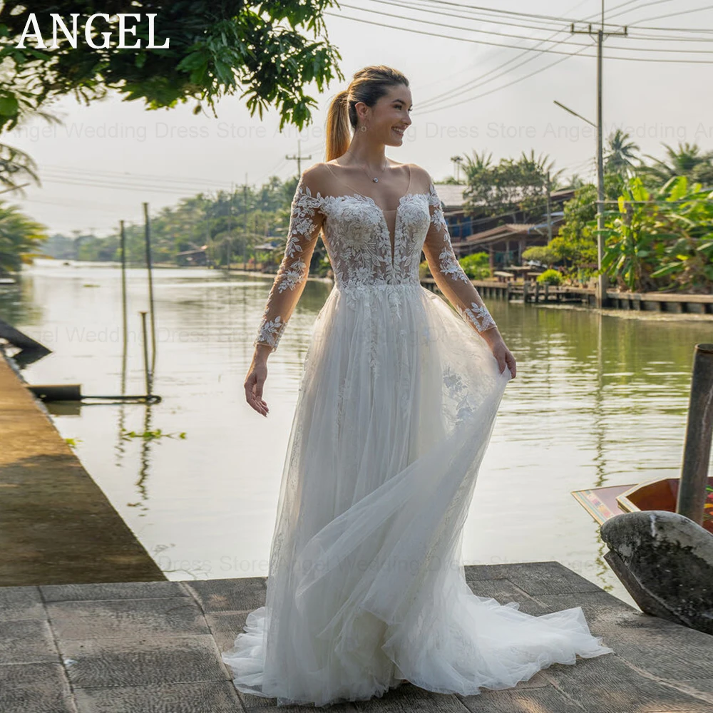 

ANGEL Romantic Long Sleeves Lace Wedding Dress Backless Applique A-Line Tulle V-Neck Illusion Bride Gowns Hochzeitskleid