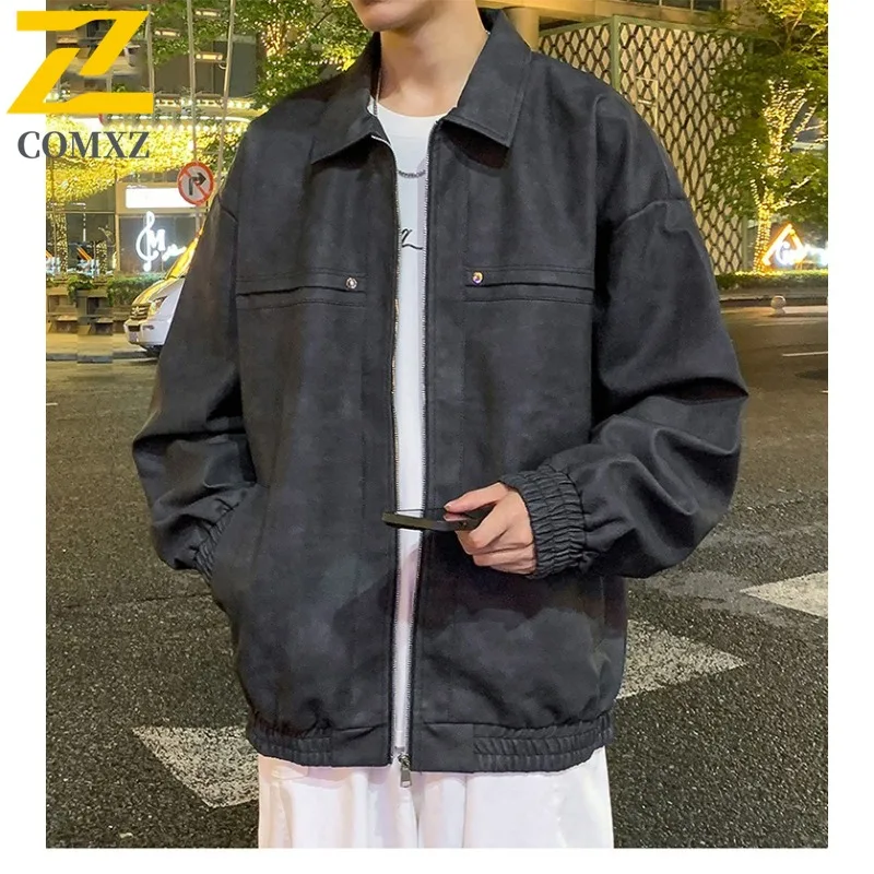 

Men's Vintage Sportwear Leather Jacket Notch Lapel Waterproof Coat American Style Utility Outerwear Solid Color working clothes