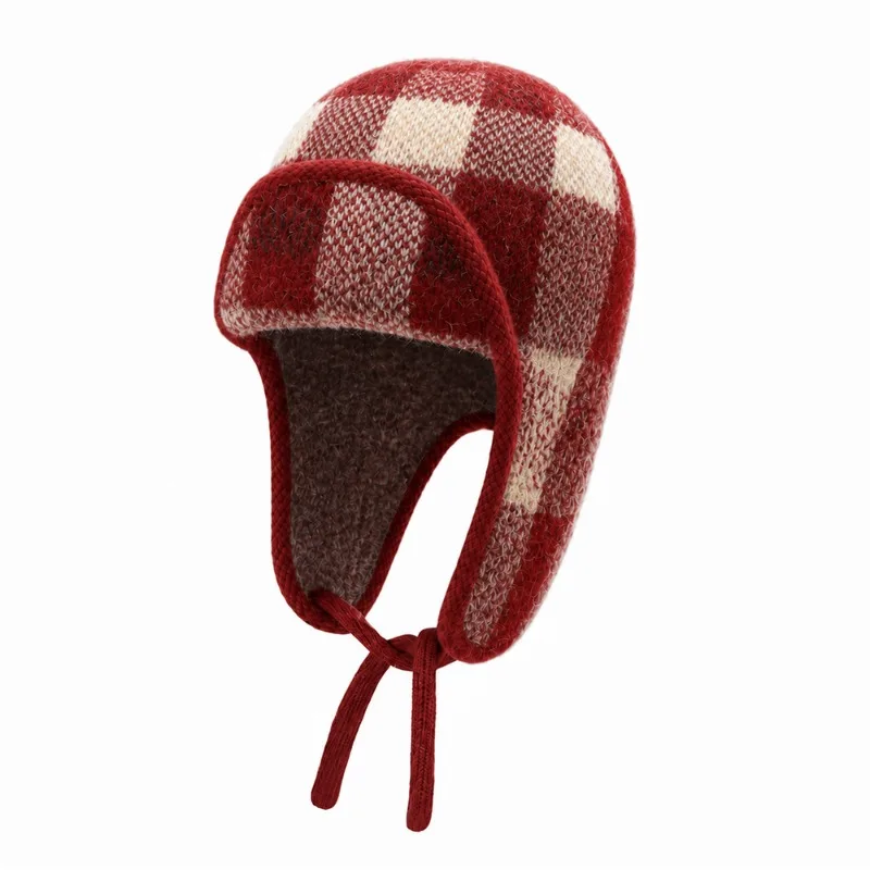 Japanische karierte Strickmütze für den Winter, zum Radfahren im Freien, warm und winddicht, mit Schnürung und Plüschfutter, Bombermütze für Männer und Frauen – Detail 9