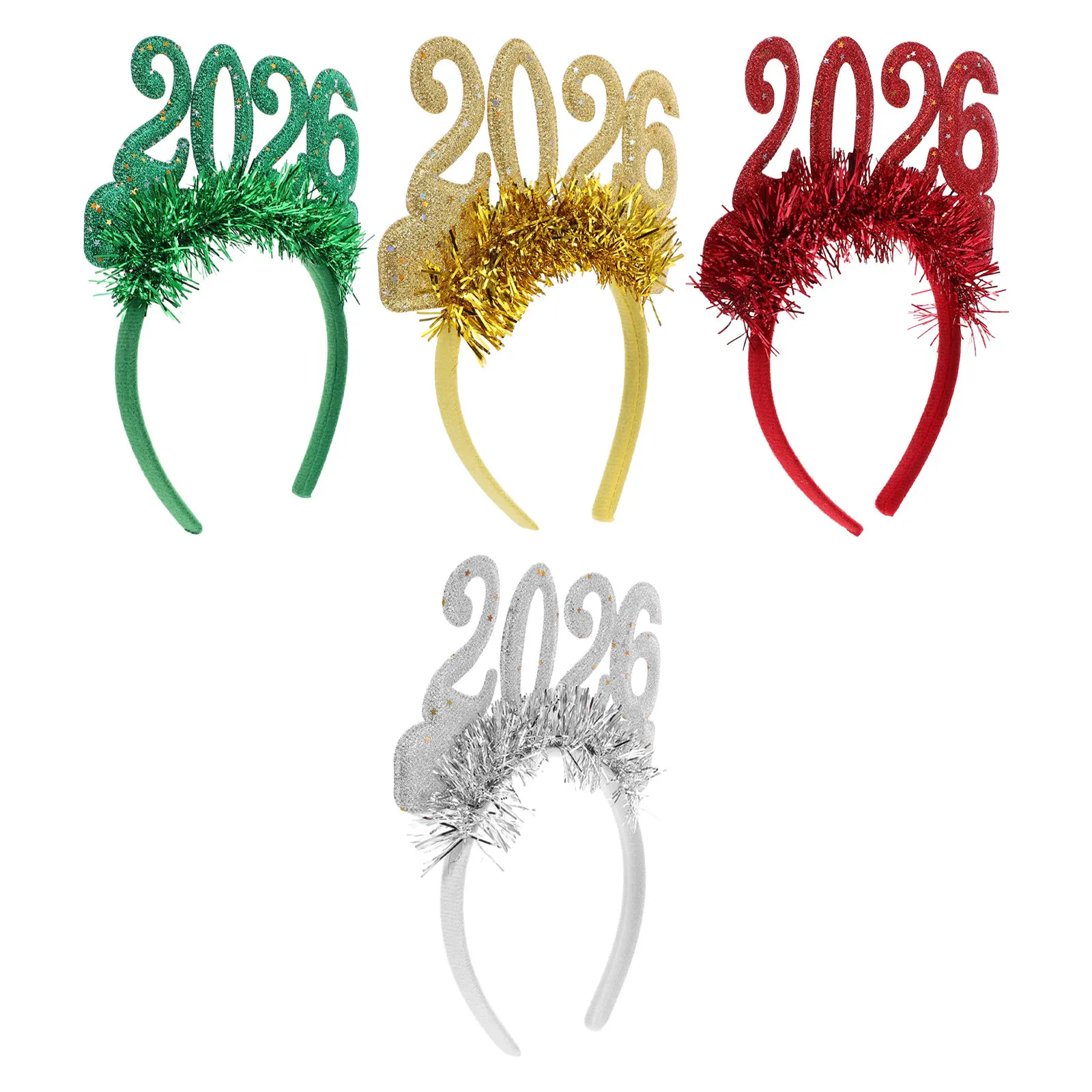 

4Pcs 2026 New Year Tassel Headbands Glitter Festival Hair Accessories for Women Happy New Year Eve Photo Booth Props