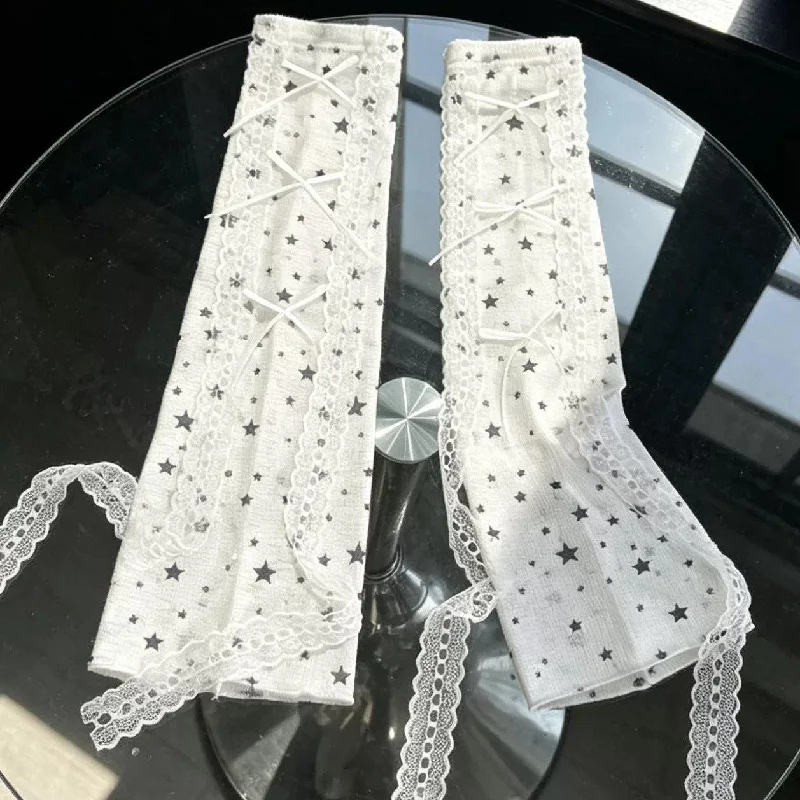 Sweet Star Patterned Linen Arm Sleeves Lace Corset Cross Ribbon Fingerless Long Gloves Fairycore Harajuku Driving Sleeves Cover
