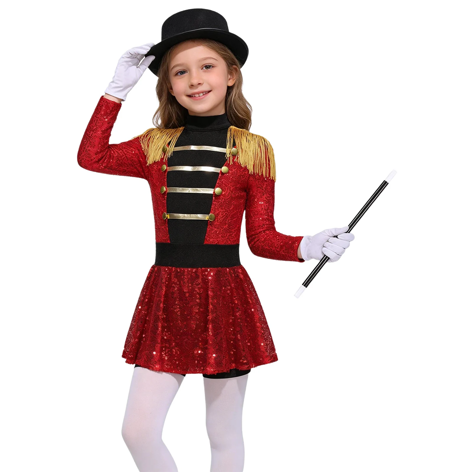 Girls Halloween Circus Ringmaster Magician Costume Carnival Party Lion Tamer Dress Up Long Sleeve Sequins Leotard Dress Gloves