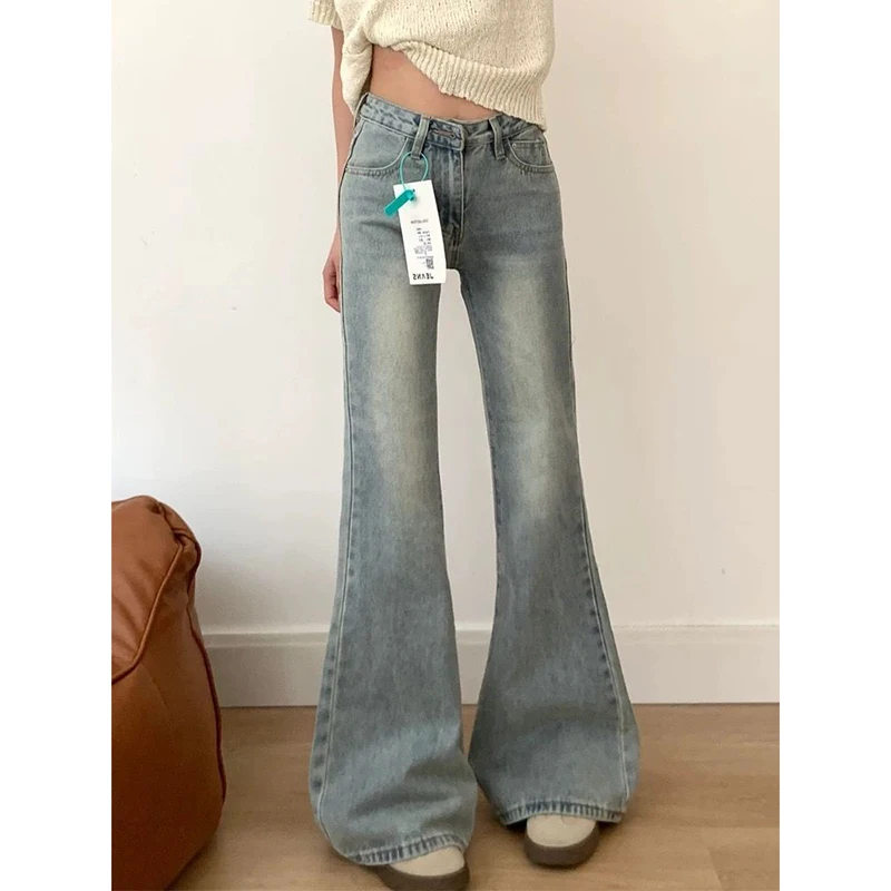 Hot Sale Girls Korean Thin Low Waist Flared Jeans Lady Classic Slim Fit Denim Pants Women Fashion Solid Color Trousers