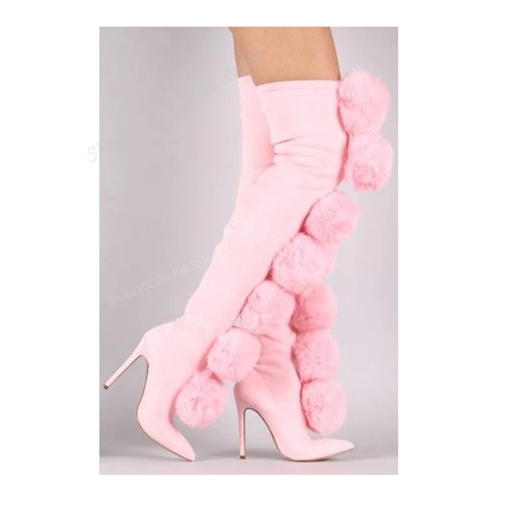 Pink Suede Fur Ball Decor Over the Knee Boots Sweet Pointed Toe Stiletto High Heel Fashion Women Shoes 2024 Zapatos Para Mujere