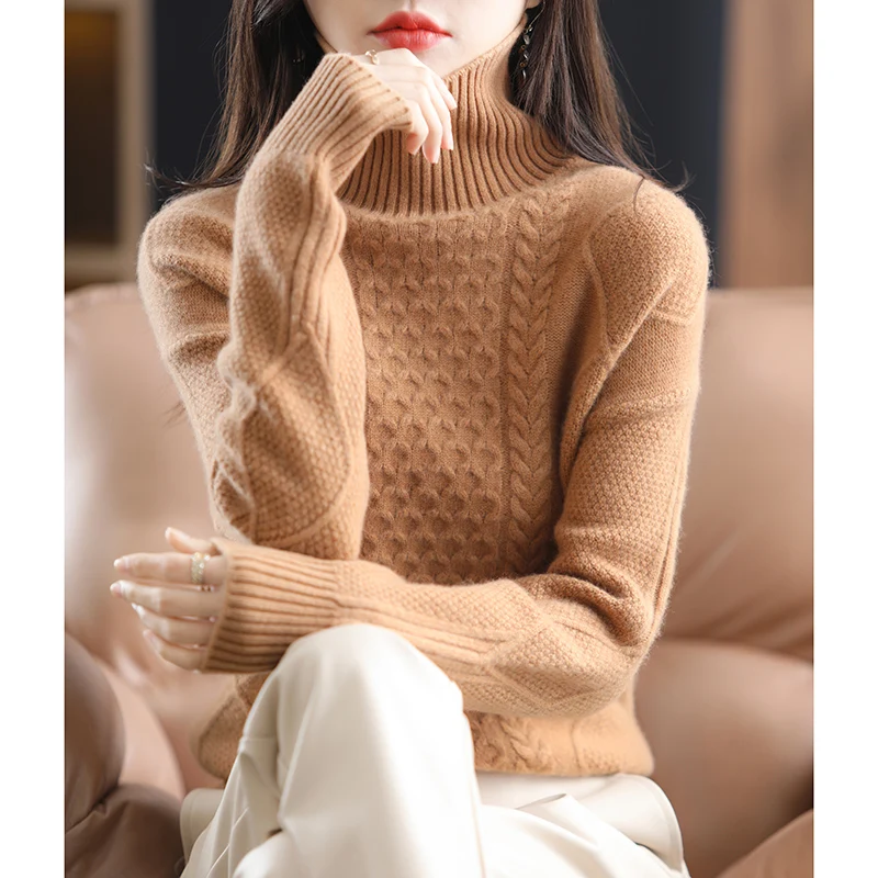 2023 Autumn And Winter Pure Woolen Sweater Long Sleeved Women\'s Loose Fashion High Neck Twisted Flower Knitted Bottom Shirt