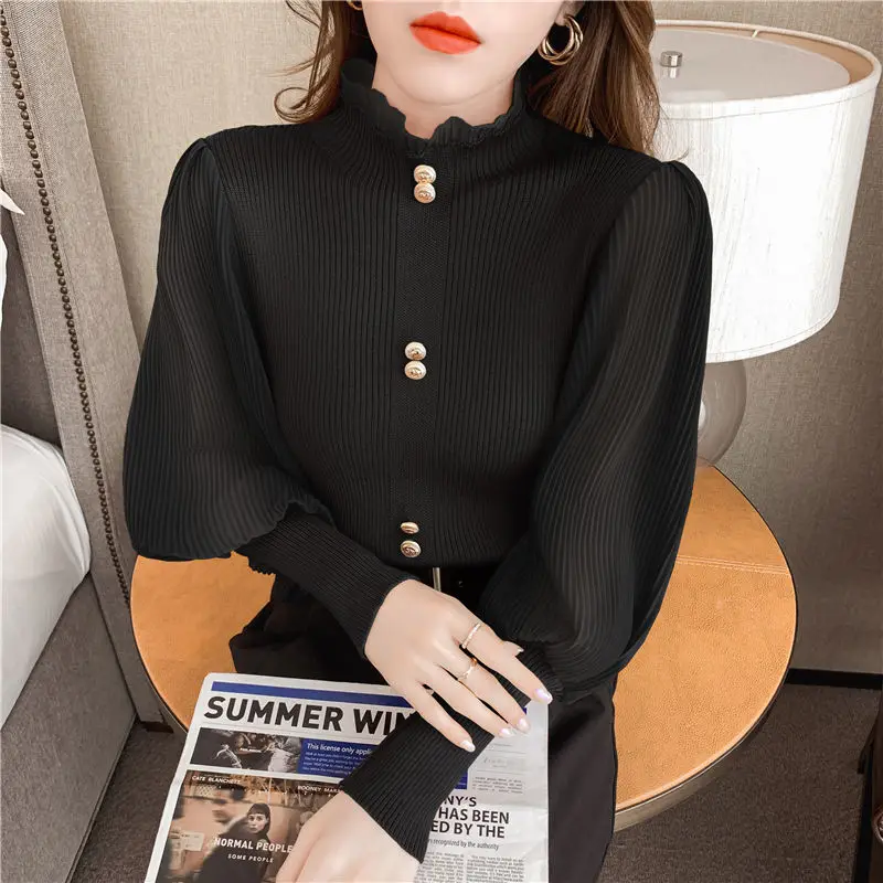 Spring New Chiffon Patchwork Knitting Sweaters Tops Long Sleeve Solid Slim All-match Pullovers Elegant Fashion Women Clothing