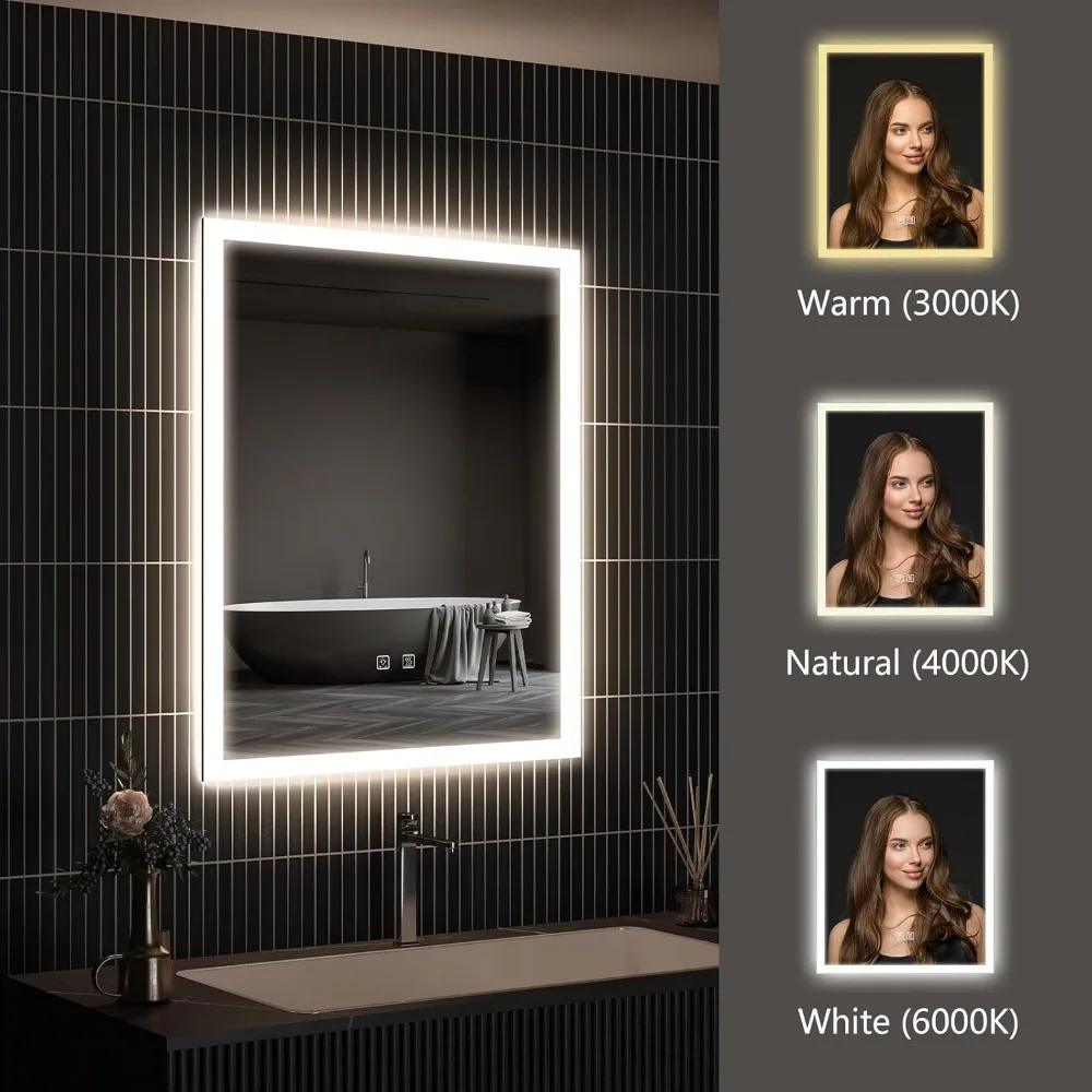 24 x 30 Zoll AprilSoul LED-Badezimmer-Kosmetikspiegel mit zwei Beleuchtung, 3 Farboptionen, Speicherfunktion und Antibeschlag