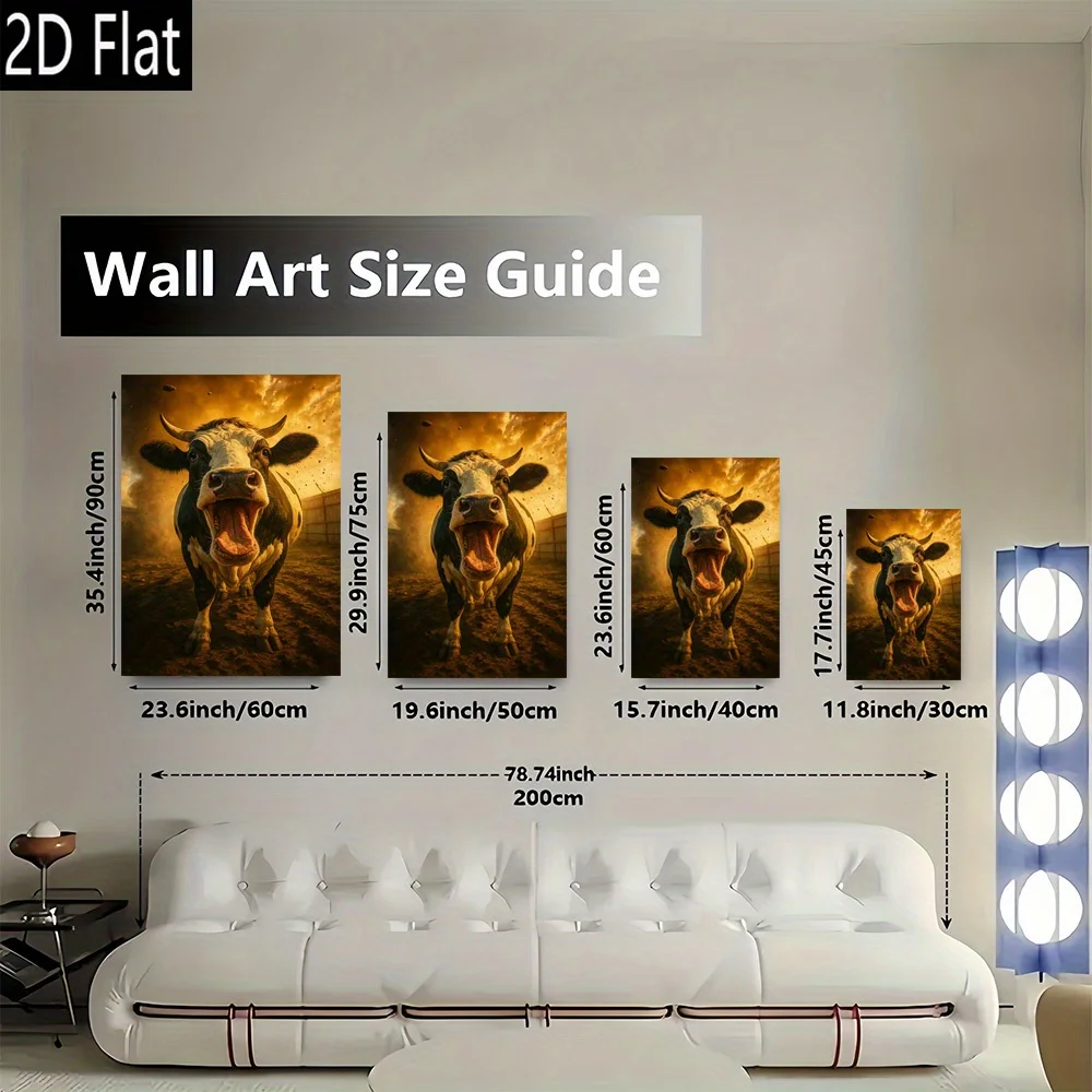2D Flat, 1pc, Angry Cow Decorative Wall Art Print Frameless canvas wall painting modern retro design, high quality printed poste