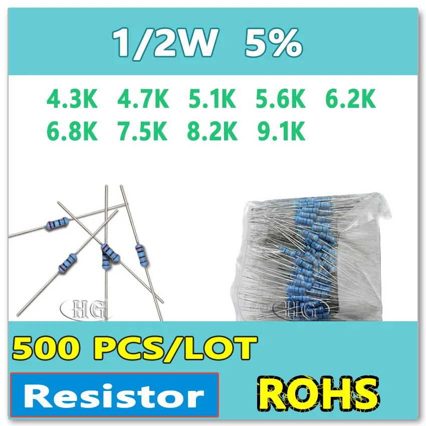 JASNPROSMA 500 PÇS/LOTE 5% 1/2W 4.3K 4.7K 5.1K 5.6K 6.2K 6.8K 7.5K 8.2K 9.1K Filme de carbono DIP OHM Resistor