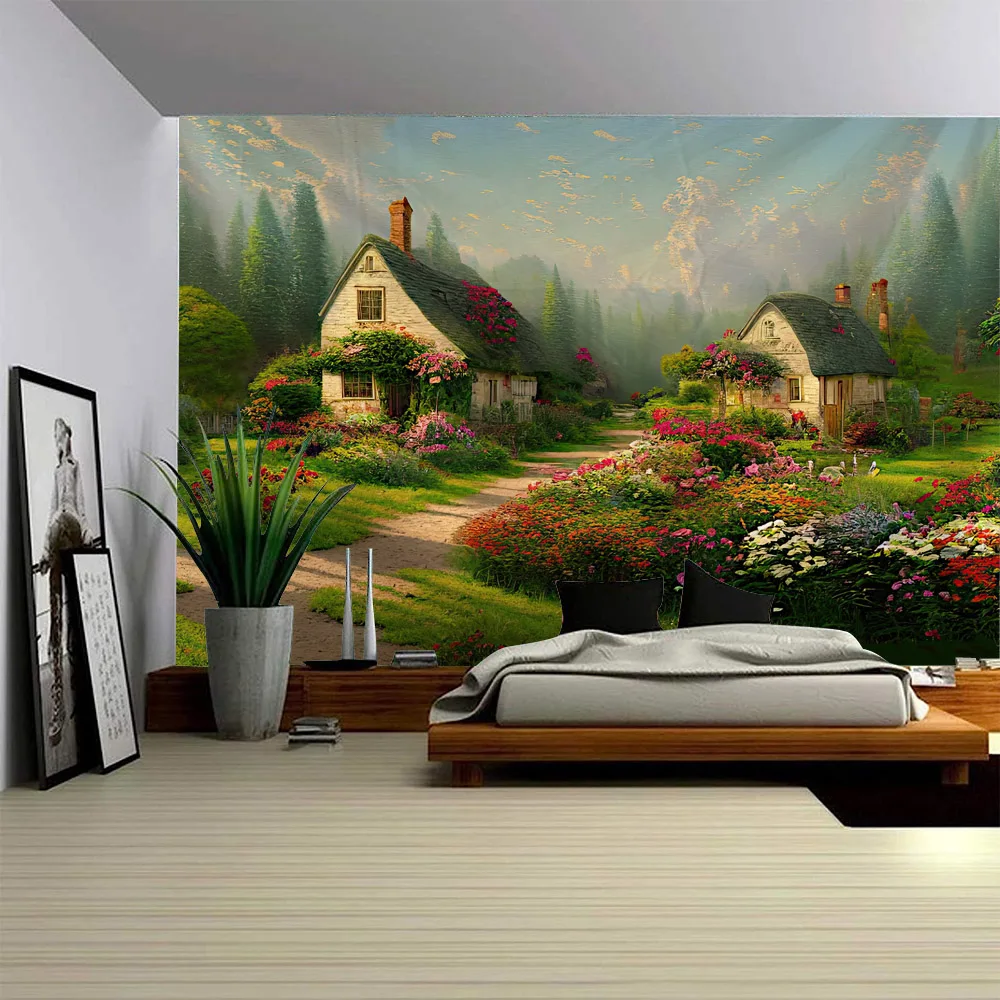 Forest Flower Cluster Landscape Oil Painting Tapestry Aesthetic Wall Hanging for Bedroom Living Room Luxurious Decor