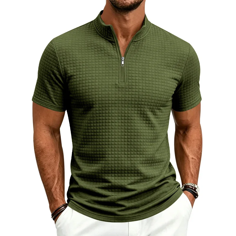 2026 Summer Polo Shirts Men Half Zipper Short Sleeve Solid Business Casual T Shirts Tops Male Pull On Loose Anti-Shrink Polos