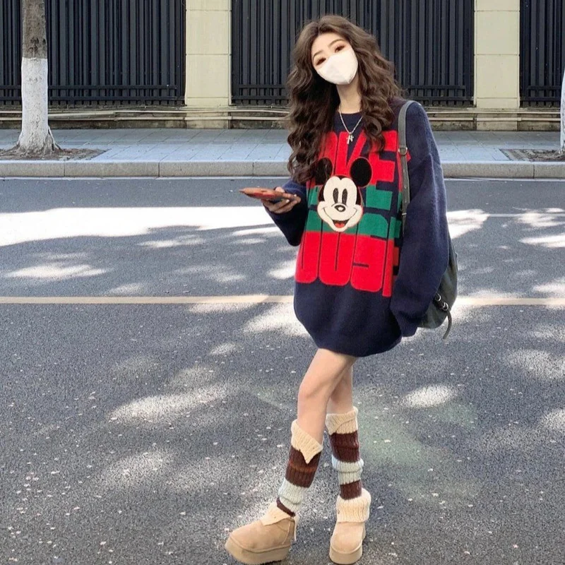 Disney Mickey Y2k Academy Style Sweet Sweater Female Autumn Winter Cartoon Letter Jacquard Knit Tops Women Round Neck Sweatshirt