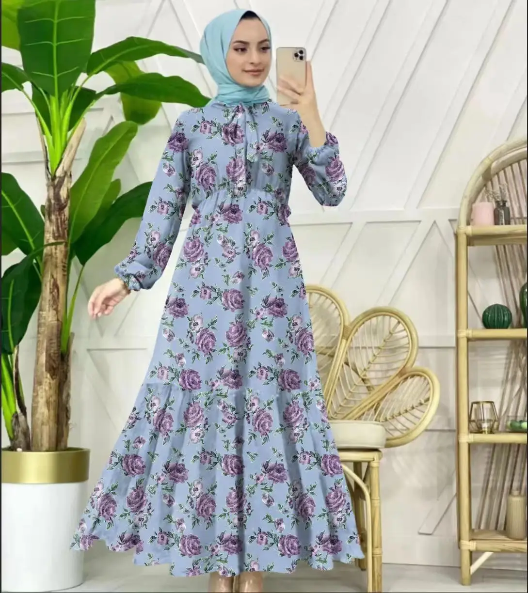 

Abayas for Women Summer Muslim Women Long Sleeve Polyester Printing Long Abaya Muslim Dresses