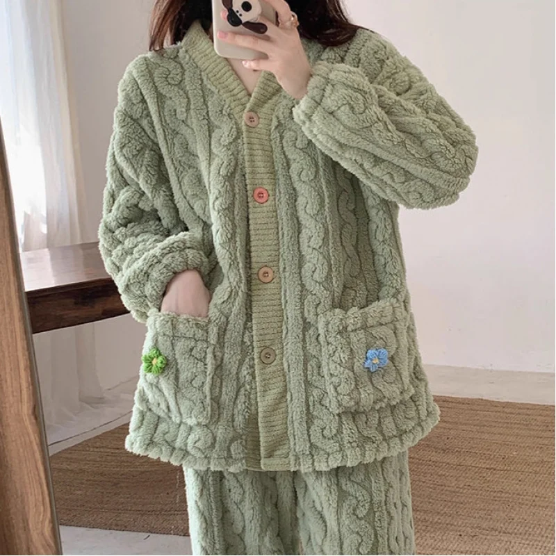 

Осень-зима, новый утолщенный хлопковый бархатный кардиган, домашняя одежда, женский теплый комплект с милым маленьким цветком, одежда для дома