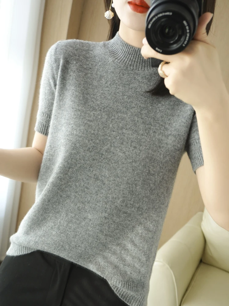 

Women's Sweater Wool Short Sleeve Polo Collar Pullovers High Elasticity Slim Fitting New Arrivals Knitted Jumper Fashion Clothes