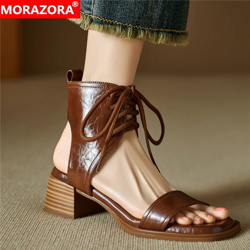 

MORAZORA/Новые женские сандалии большого размера 34–41, сандалии-гладиаторы из натуральной кожи на массивном среднем каблуке, черные, коричневые женские летние туфли