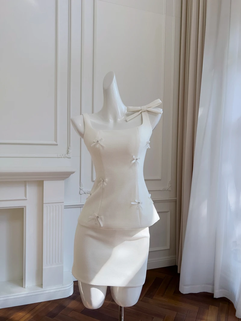 

White Knot Strap Vest ort Skirt Two-Piece Set Ele Miss Rich Sle Faionable Zipper High Waist A-Line Dr