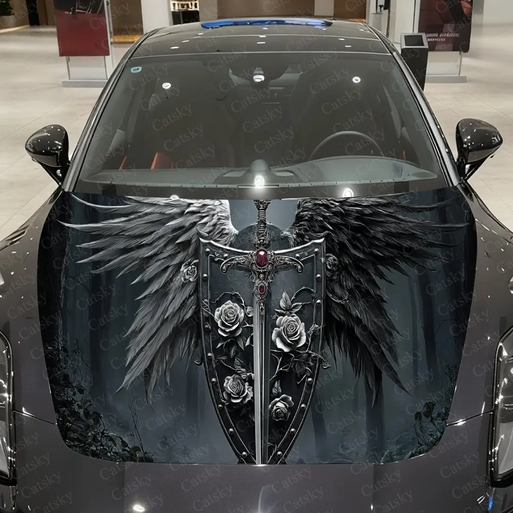 

Dark Winged Rose Shield & Sword Car Vinyl Wrap, PVC Waterproof Car Hood Sticker, Self-Adhesive Scratch-Resistant Stickers