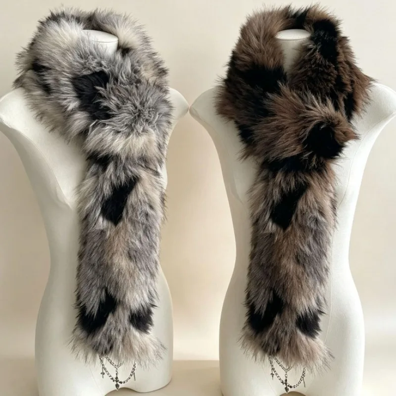 Luxury Faux Fur Scarf for Women: Warm, Thick, Long, Fluffy Winter Scarves with Y2K Gothic Cross Chain Necklace– Streetwear Gift