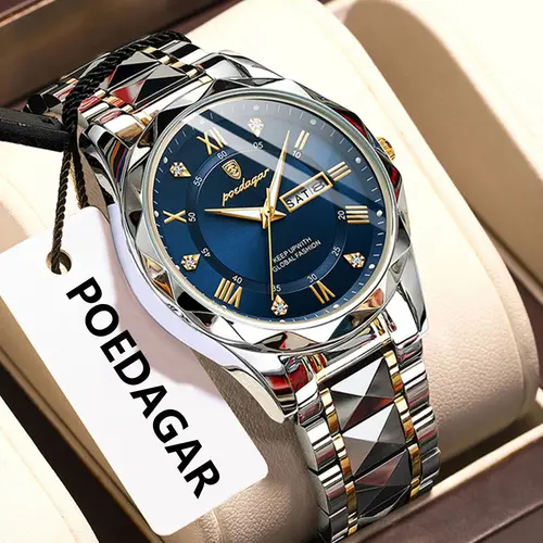 POEDAGAR, relojes de lujo para hombres de negocios, Reloj de pulsera luminoso de acero inoxidable resistente al agua para hombre, Reloj deportivo de cuarzo con fecha y semana para hombres