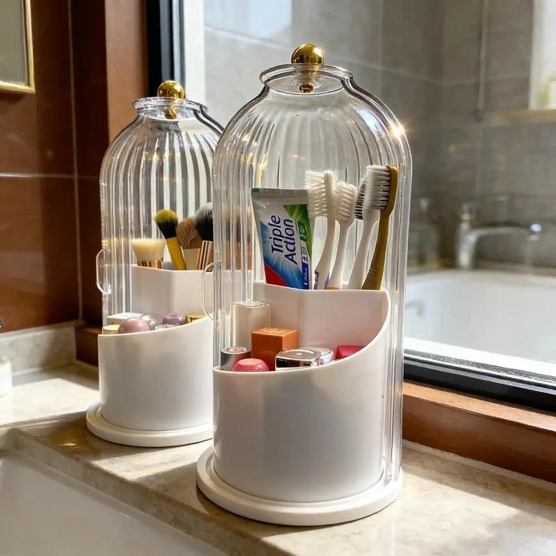 3-Slot Countertop Toothpaste & Electric Toothbrush Organizer Rotatable Design With Sliding Dust Cover Bathroom Storage Holder