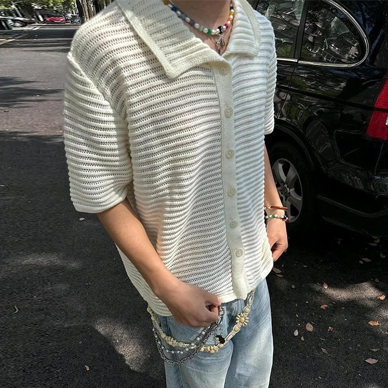 Vintage Y2K Knitted Shirts Men Summer Fashion Solid Color Hollow Out Knit Breathable Shirt Streetwear Mens Short Sleeve Cardigan