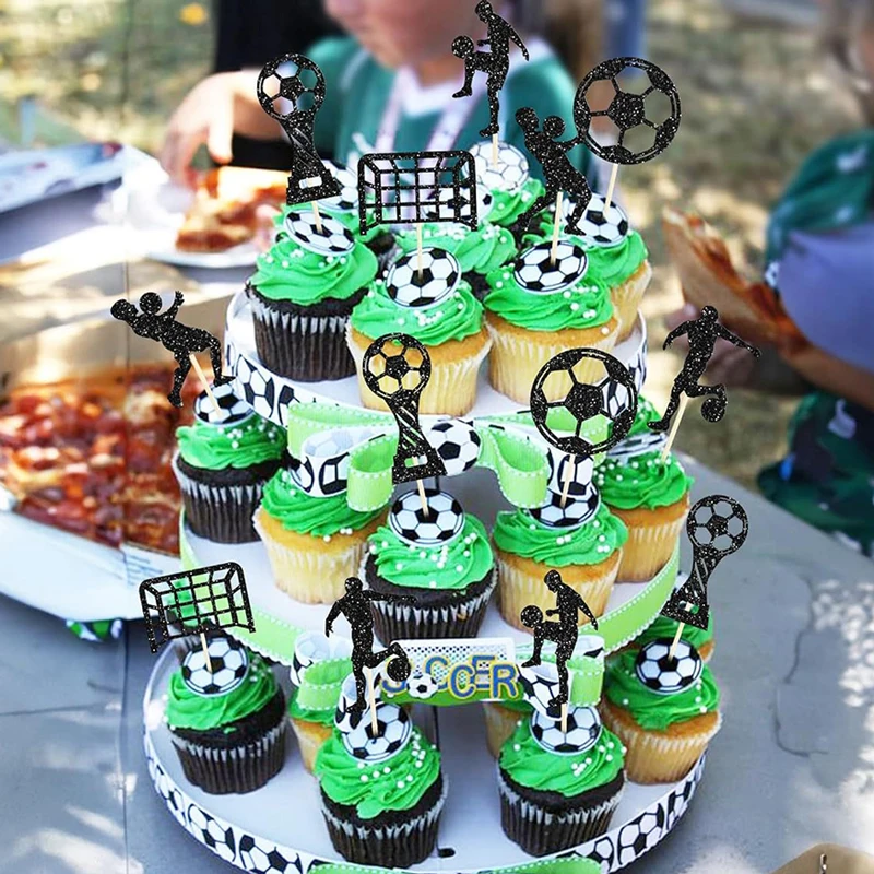 YOMDID 24 Stück Fußball-Cupcake-Topper, glitzernde Fußball-Kuchen-Dekoration, Sport-Cupcake-Picks, Fußball-Thema, Geburtstagskuchen-Topper – Detail 11