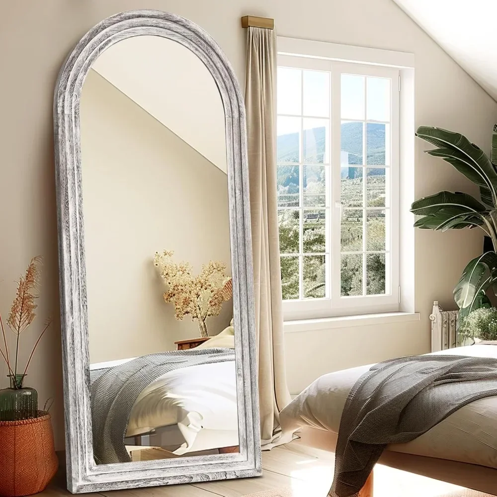 Arched Full Length Mirror Solid Wood Frame Floor Large Mirror for Living Room, Bedroom Hanging Leaning Wall-Mounted, White