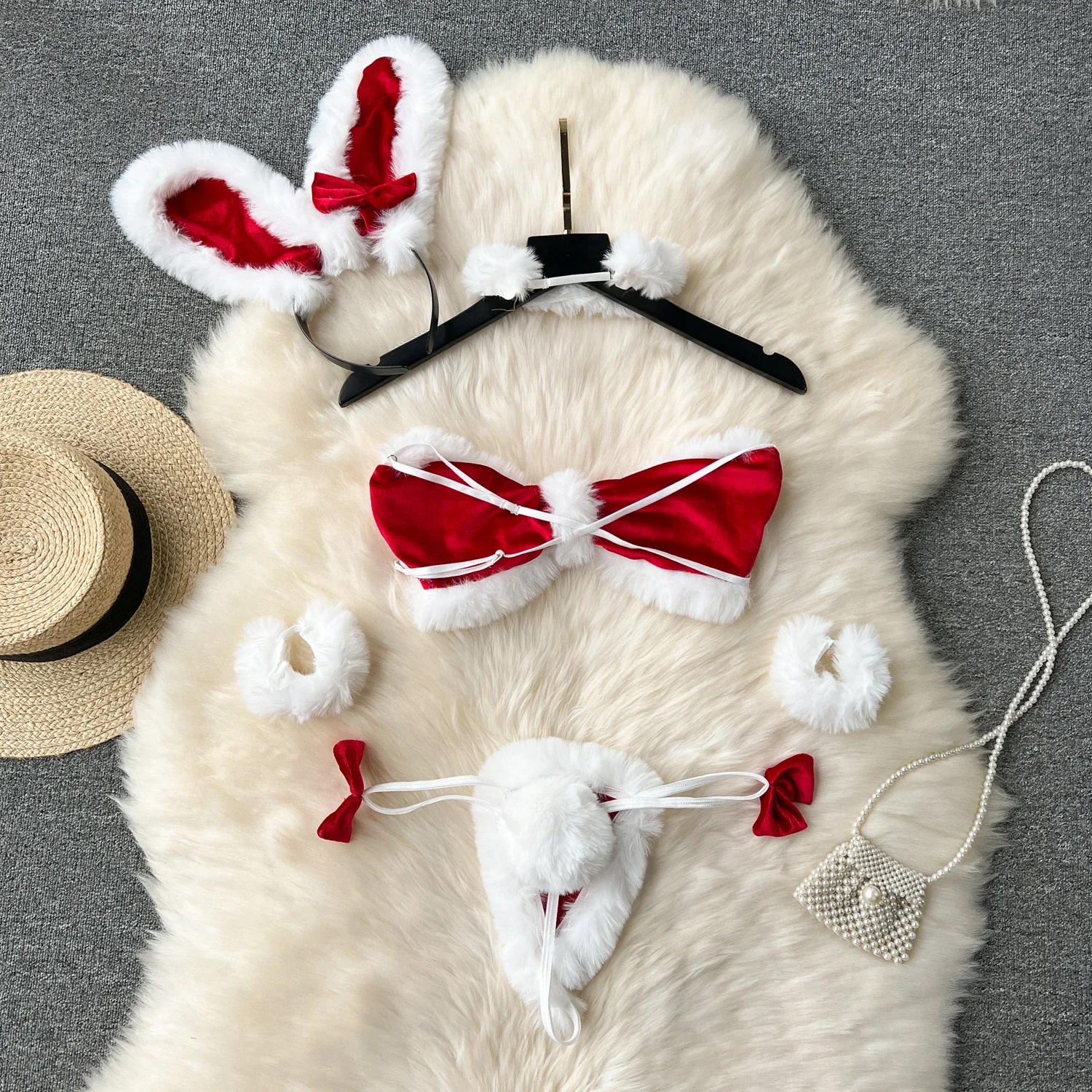 Damskie seksowne świąteczne welurowe komplety bielizny: biustonosz, majtki, modna bielizna intymna, 5-częściowe erotyczne zestawy biustonoszy, stringów i kompletów bielizny.