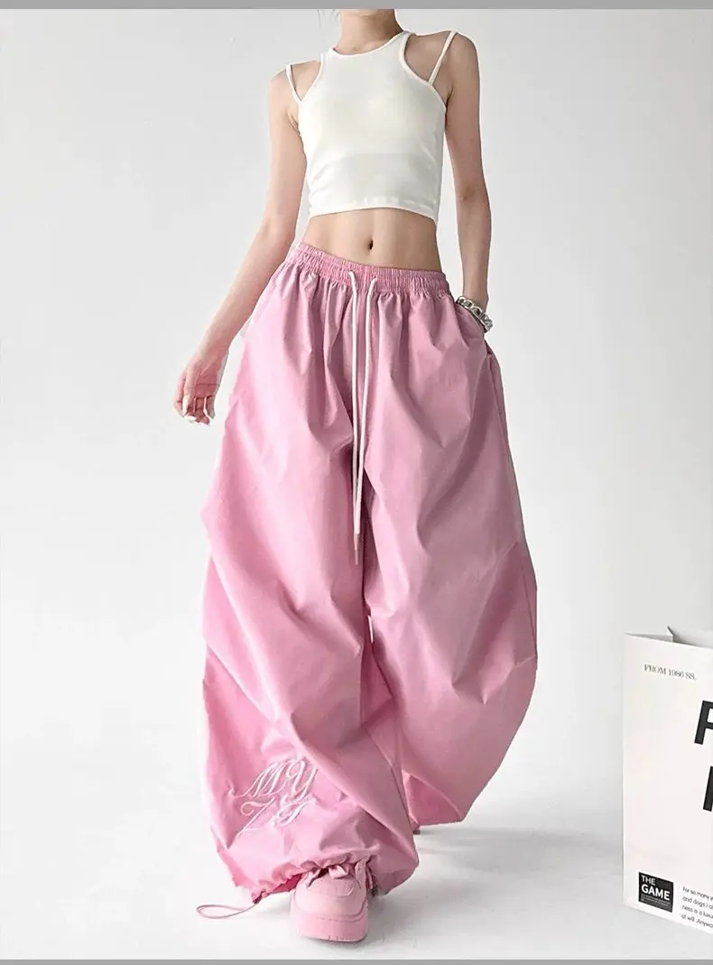 Women's Letter Embroidery Thin Pants Hip-hop Loose Solid Color Wide-leg Bottoms High-waisted Trousers Female Summer Sweatpants