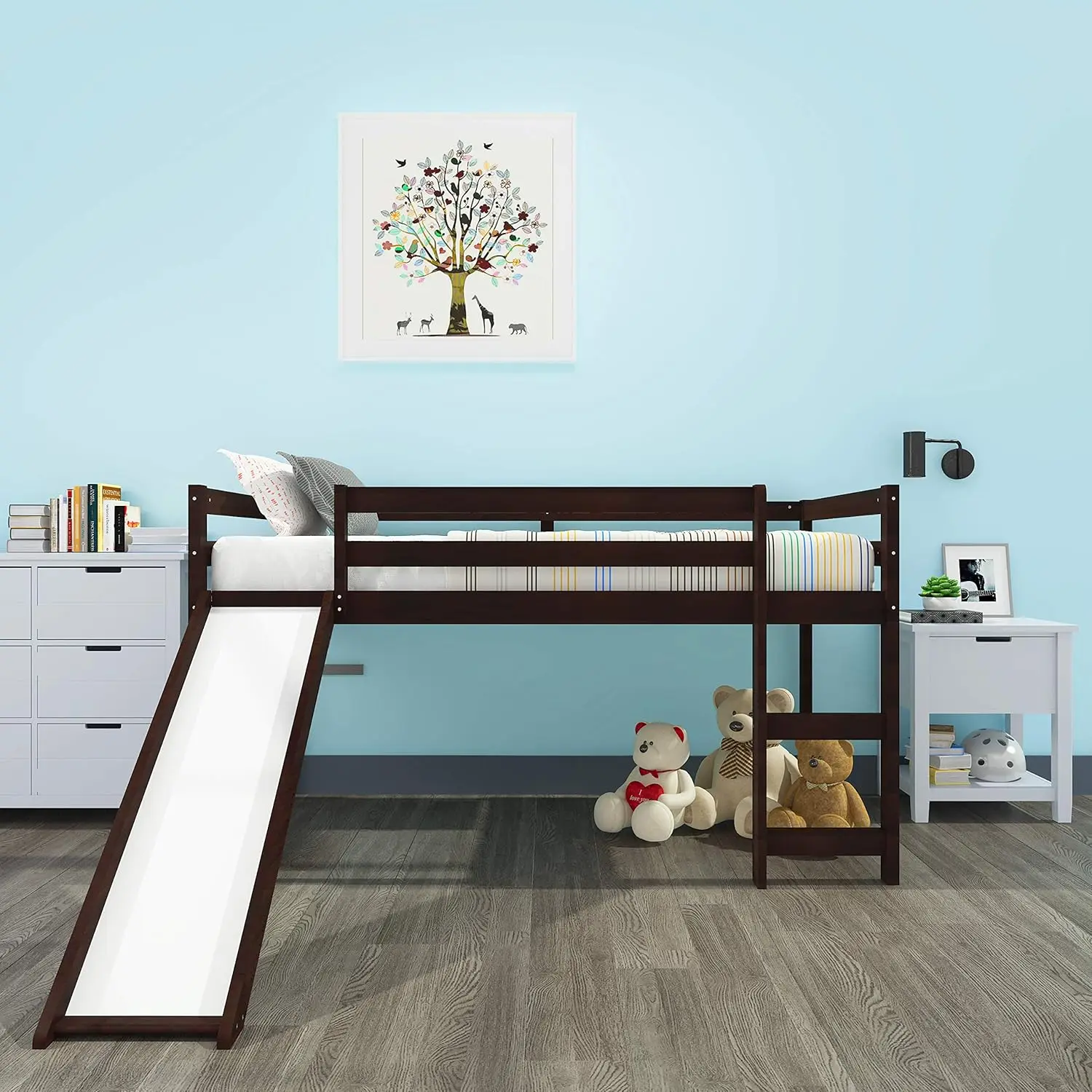

Multifunctional Design Solid Wood Twin Kids Loft Bed With Slide For Boys & Girls Bedroom (Espresso)