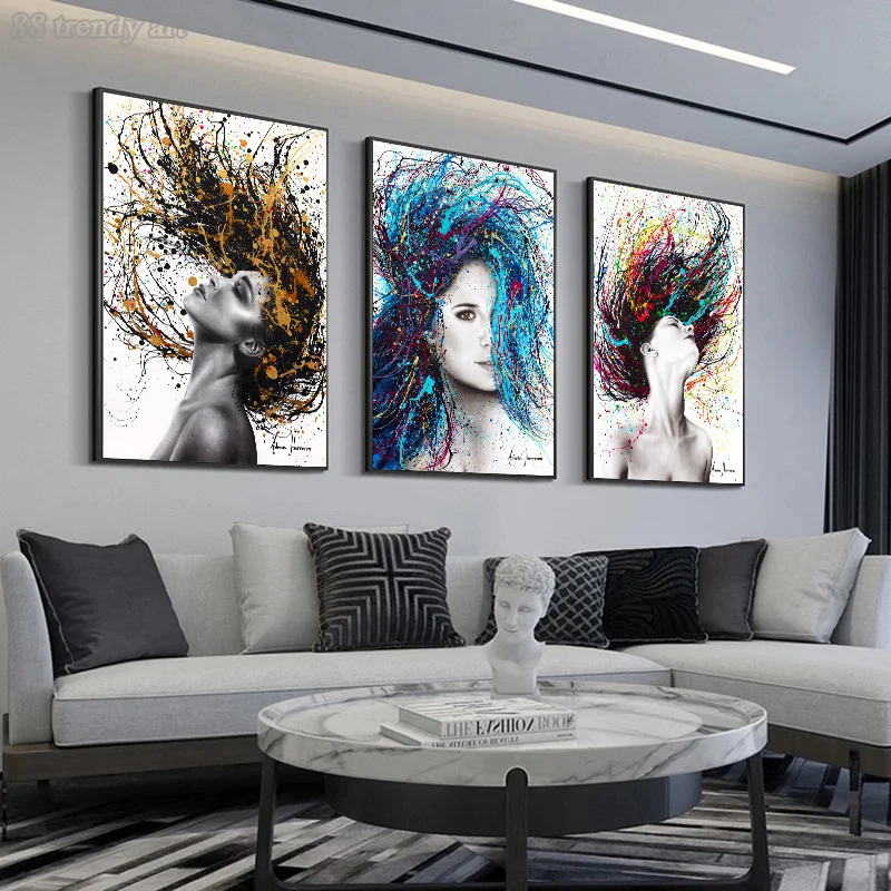 Abstract Colorful Hair Woman Canvas Oil Painting Posters Prints Fashion Fugure Wall Art Pictures Modern Home Living Room Decor