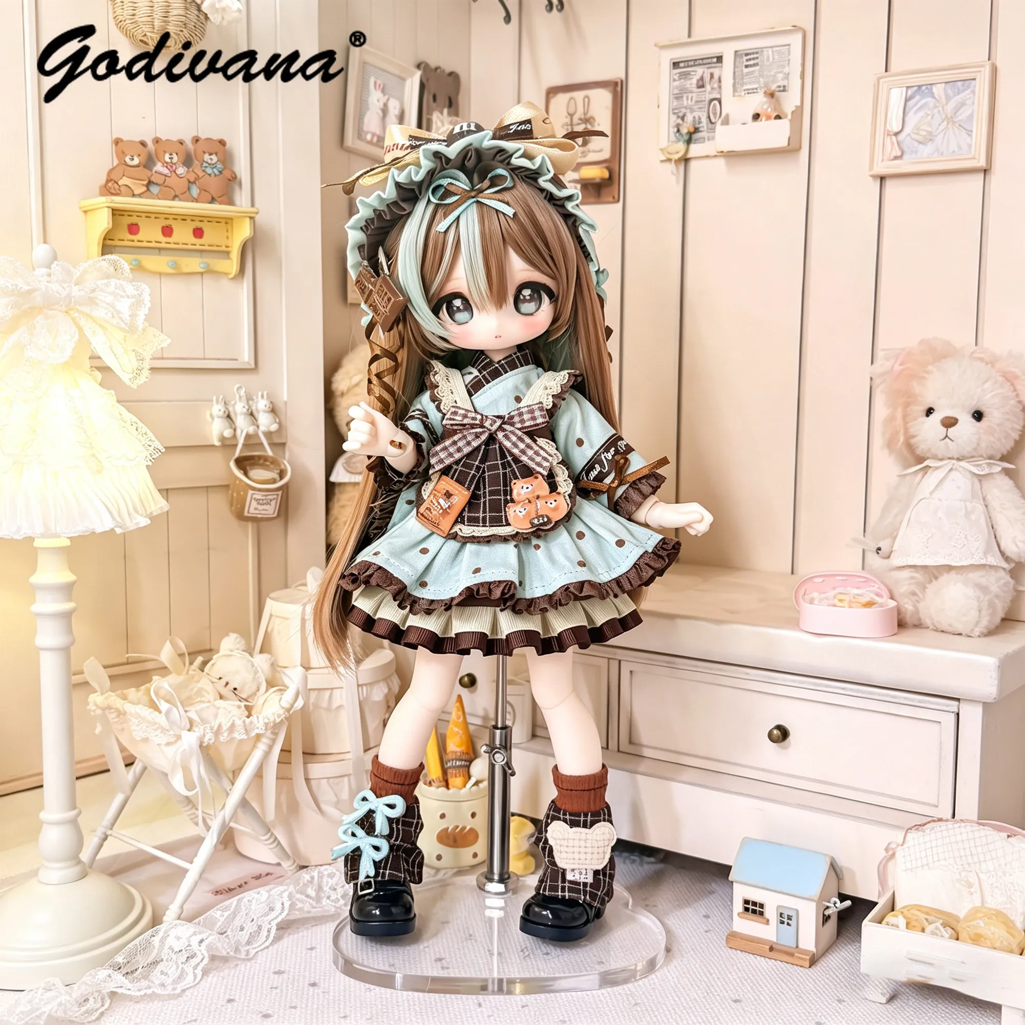 1/6 BJD Doll Clothes Sweet Bear Dot Print Doll Ruffle Lolita Maid Dress with Bonnet Hat Fit 3-section Body Only Clothes No Doll